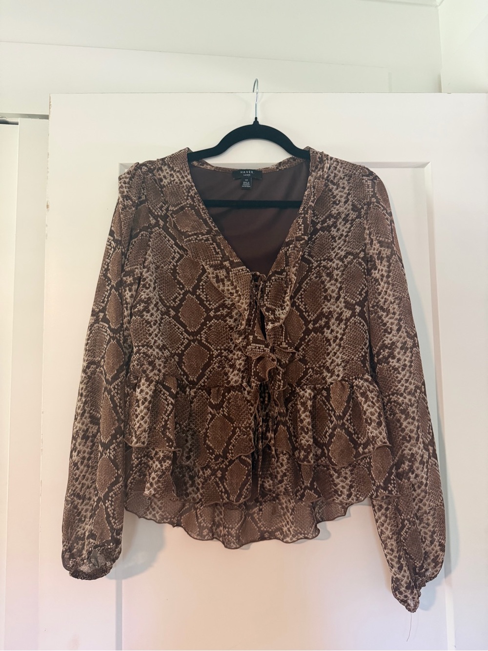 Haver Brown Snake-Print Tie Front Ruffle Blouse